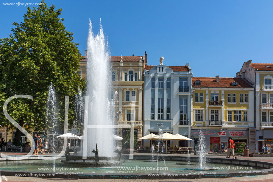 PLOVDIV, BULGARIA - SEPTEMBER 1, 2017:  Amazing view of cental street and fountain in front of City hall in city of Plovdiv, Bulgaria