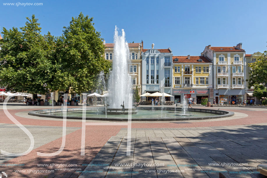 PLOVDIV, BULGARIA - SEPTEMBER 1, 2017:  Amazing view of cental street and fountain in front of City hall in city of Plovdiv, Bulgaria