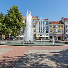 PLOVDIV, BULGARIA - SEPTEMBER 1, 2017:  Amazing view of cental street and fountain in front of City hall in city of Plovdiv, Bulgaria