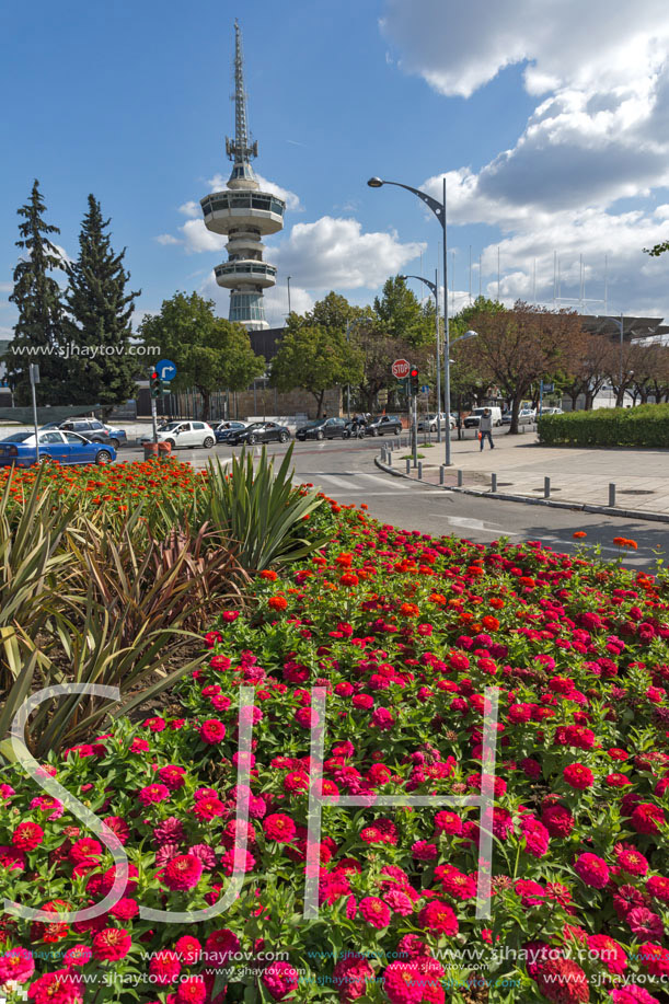 THESSALONIKI, GREECE - SEPTEMBER 30, 2017: OTE Tower and flowers in front in city of Thessaloniki, Central Macedonia, Greece