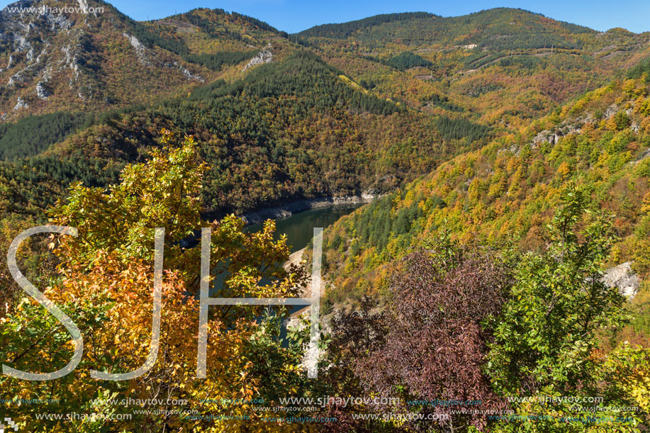 Autumn Panoramic view of Tsankov kamak Reservoir, Smolyan Region, Bulgaria