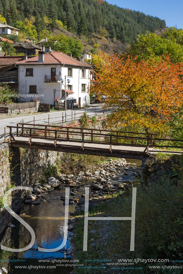 Autumn Landscape with old houses in town of Shiroka Laka, Smolyan Region, Bulgaria