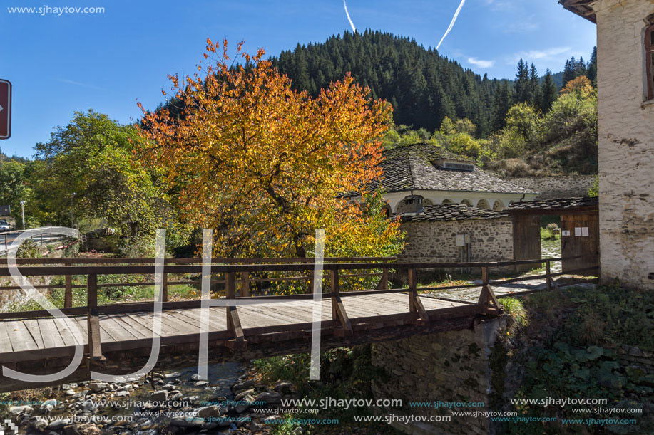 19th century Church of the Assumption, river and Autumn tree in town of Shiroka Laka, Smolyan Region, Bulgaria