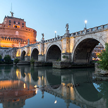 Amazing Sunset view of St. Angelo Bridge and castle st. Angelo in city of Rome, Italy