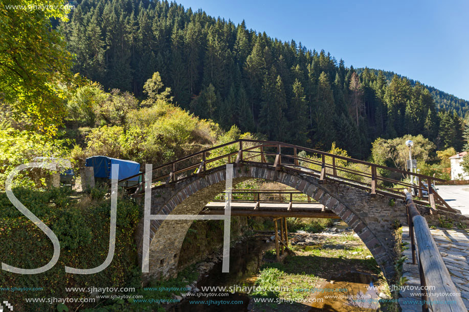 Autumn Landscape with Roman Bridge  in town of Shiroka Laka, Smolyan Region, Bulgaria