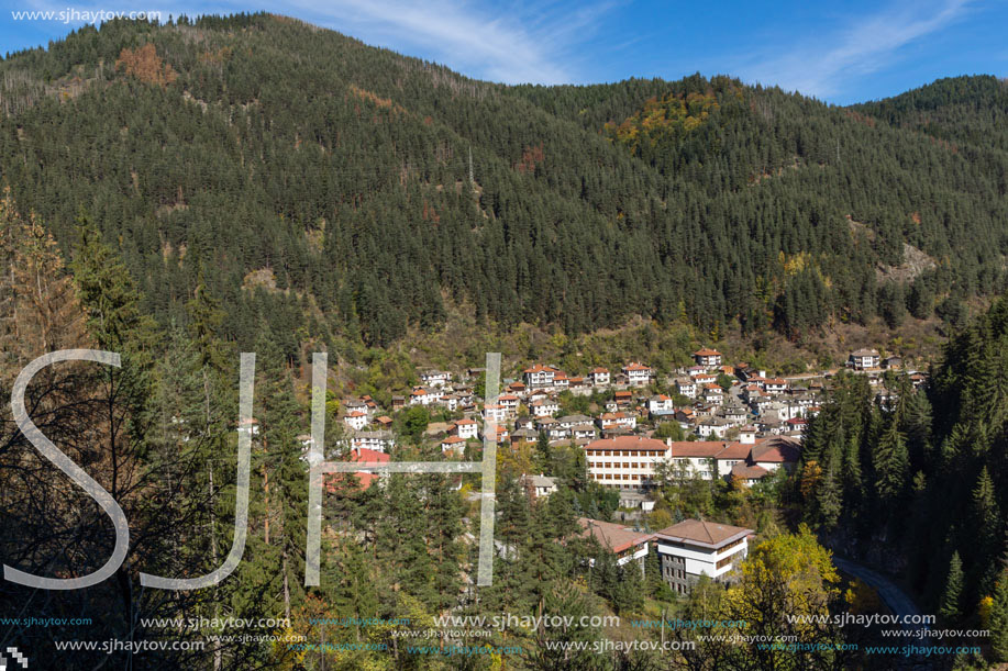 Panorama of town of Shiroka Laka and Rhodope Mountains, Smolyan Region, Bulgaria