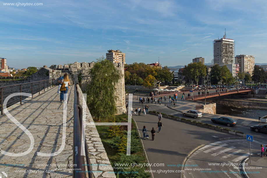 NIS, SERBIA- OCTOBER 21, 2017: Panoramic view of City of Nis and Bridge over Nisava River, Serbia