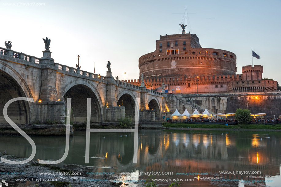 ROME, ITALY - JUNE 22, 2017: Amazing Sunset view of St. Angelo Bridge and castle st. Angelo in city of Rome, Italy