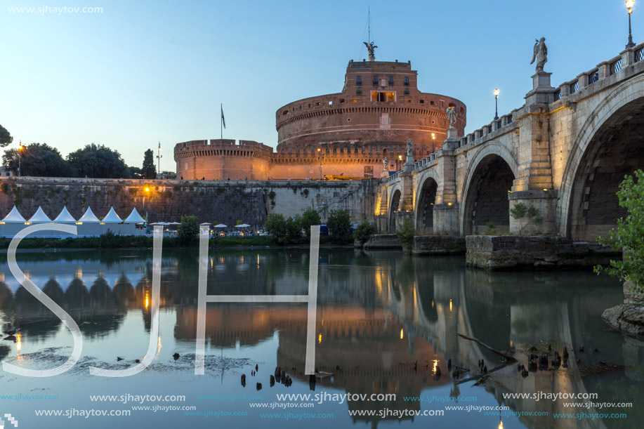 ROME, ITALY - JUNE 22, 2017: Amazing Sunset view of St. Angelo Bridge and castle st. Angelo in city of Rome, Italy