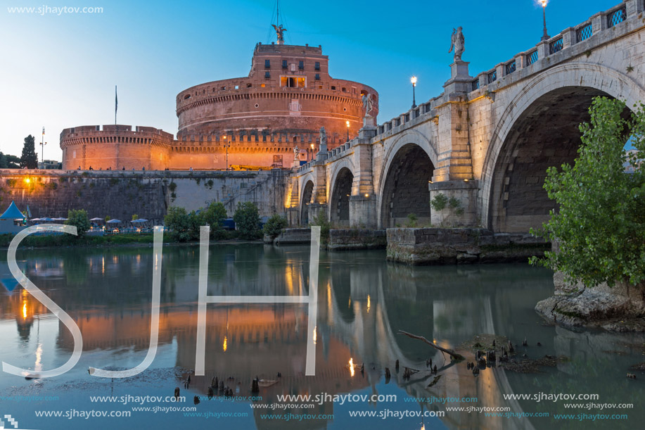 ROME, ITALY - JUNE 22, 2017: Amazing Sunset view of St. Angelo Bridge and castle st. Angelo in city of Rome, Italy
