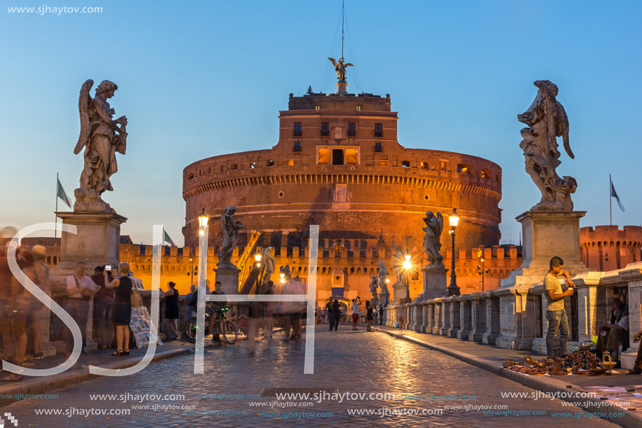 ROME, ITALY - JUNE 22, 2017: Amazing Sunset view of St. Angelo Bridge and castle st. Angelo in city of Rome, Italy