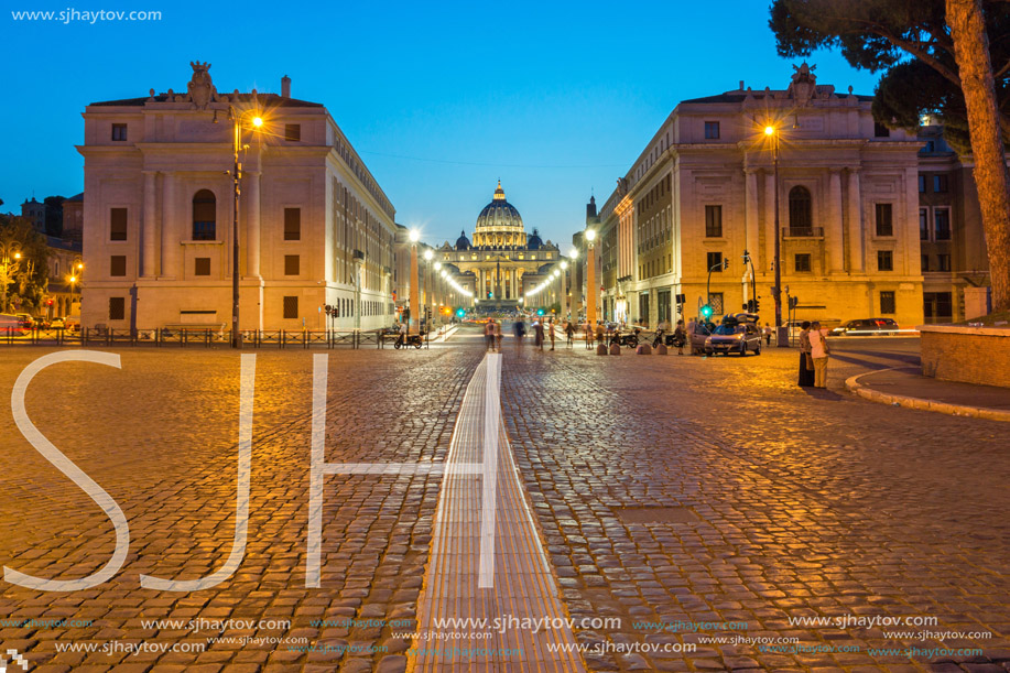 ROME, ITALY - JUNE 22, 2017: Amazing Night photo of Vatican and St. Peter"s Basilica in Rome, Italy