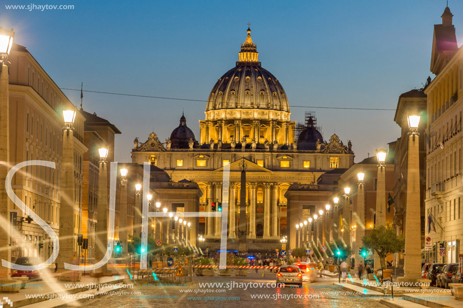 ROME, ITALY - JUNE 22, 2017: Amazing Night photo of Vatican and St. Peter"s Basilica in Rome, Italy