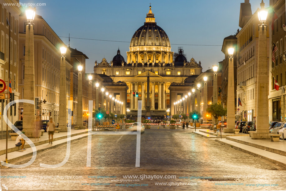 ROME, ITALY - JUNE 22, 2017: Amazing Night photo of Vatican and St. Peter"s Basilica in Rome, Italy