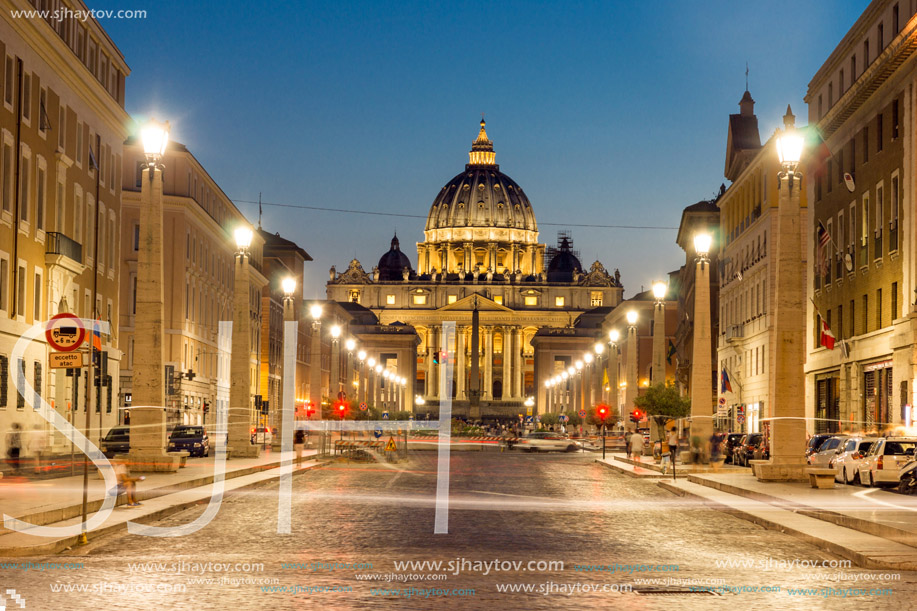 ROME, ITALY - JUNE 22, 2017: Amazing Night photo of Vatican and St. Peter"s Basilica in Rome, Italy