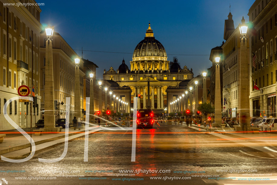 ROME, ITALY - JUNE 22, 2017: Amazing Night photo of Vatican and St. Peter"s Basilica in Rome, Italy