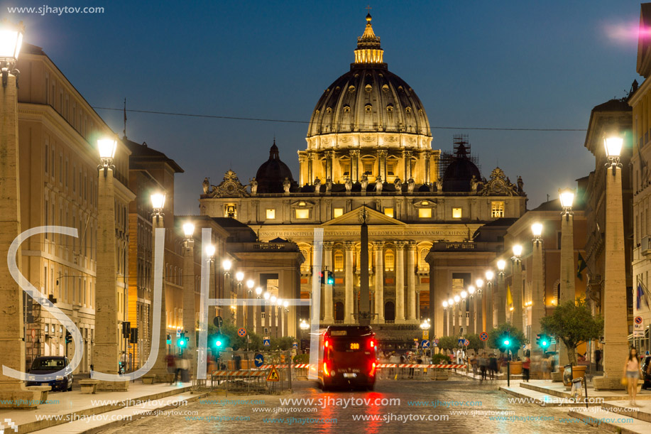 ROME, ITALY - JUNE 22, 2017: Amazing Night photo of Vatican and St. Peter"s Basilica in Rome, Italy