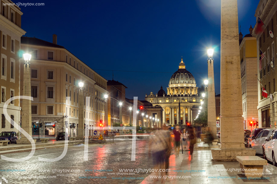 ROME, ITALY - JUNE 22, 2017: Amazing Night photo of Vatican and St. Peter"s Basilica in Rome, Italy