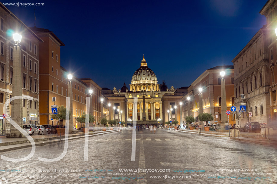 ROME, ITALY - JUNE 22, 2017: Amazing Night photo of Vatican and St. Peter"s Basilica in Rome, Italy