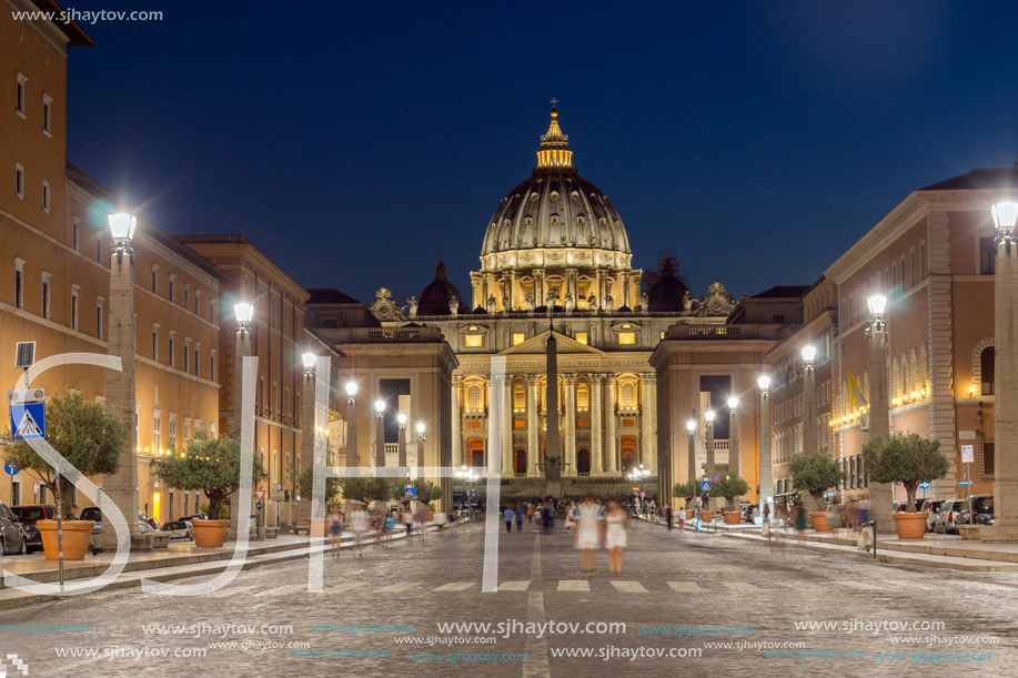 ROME, ITALY - JUNE 22, 2017: Amazing Night photo of Vatican and St. Peter"s Basilica in Rome, Italy