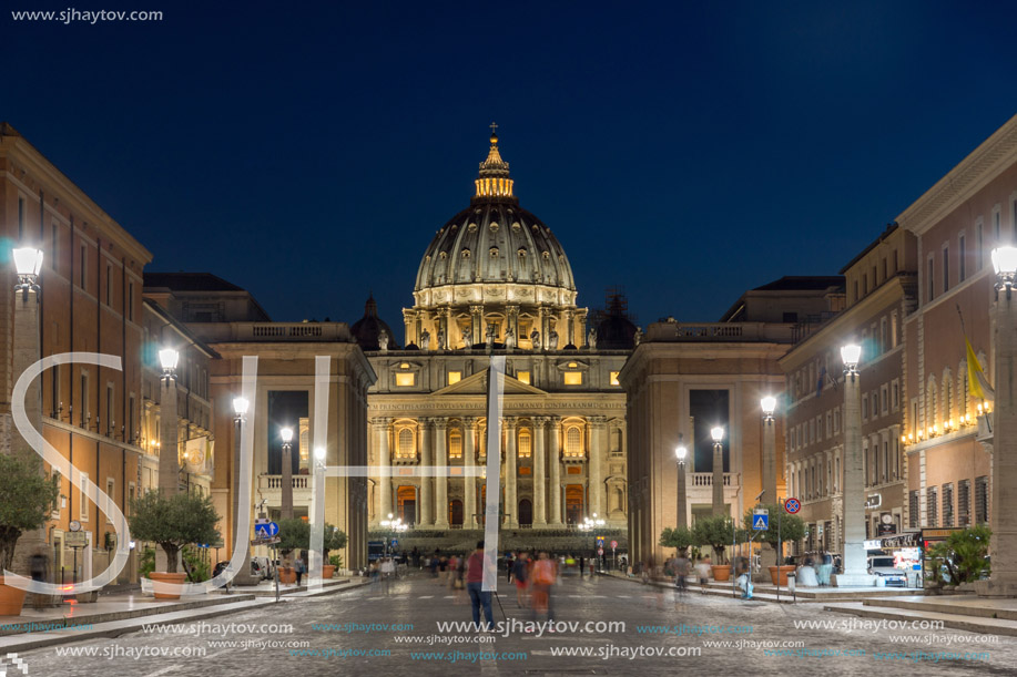 ROME, ITALY - JUNE 22, 2017: Amazing Night photo of Vatican and St. Peter"s Basilica in Rome, Italy