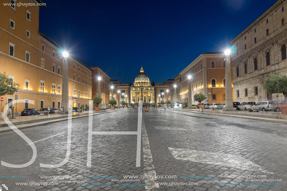 ROME, ITALY - JUNE 22, 2017: Amazing Night photo of Vatican and St. Peter"s Basilica in Rome, Italy