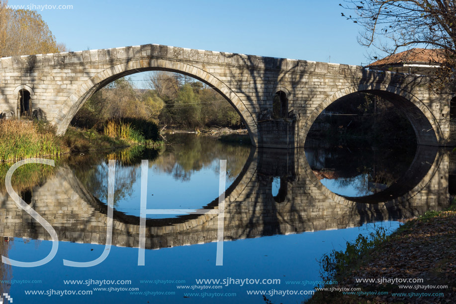 Kadin most - a 15th-century stone arch bridge over the Struma River at Nevestino, Kyustendil Province, Bulgaria