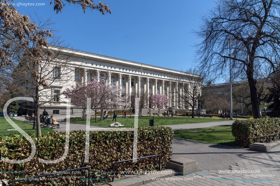 SOFIA, BULGARIA - APRIL 1, 2017: Spring view of National Library St. Cyril and St. Methodius in Sofia, Bulgaria