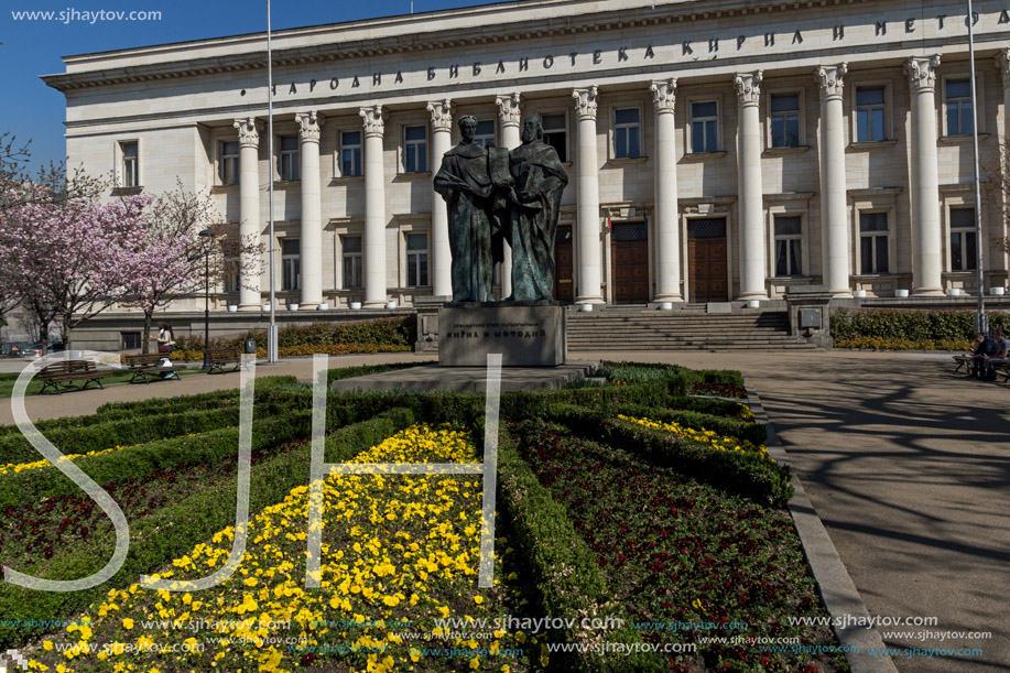 SOFIA, BULGARIA - APRIL 1, 2017: Spring view of National Library St. Cyril and St. Methodius in Sofia, Bulgaria