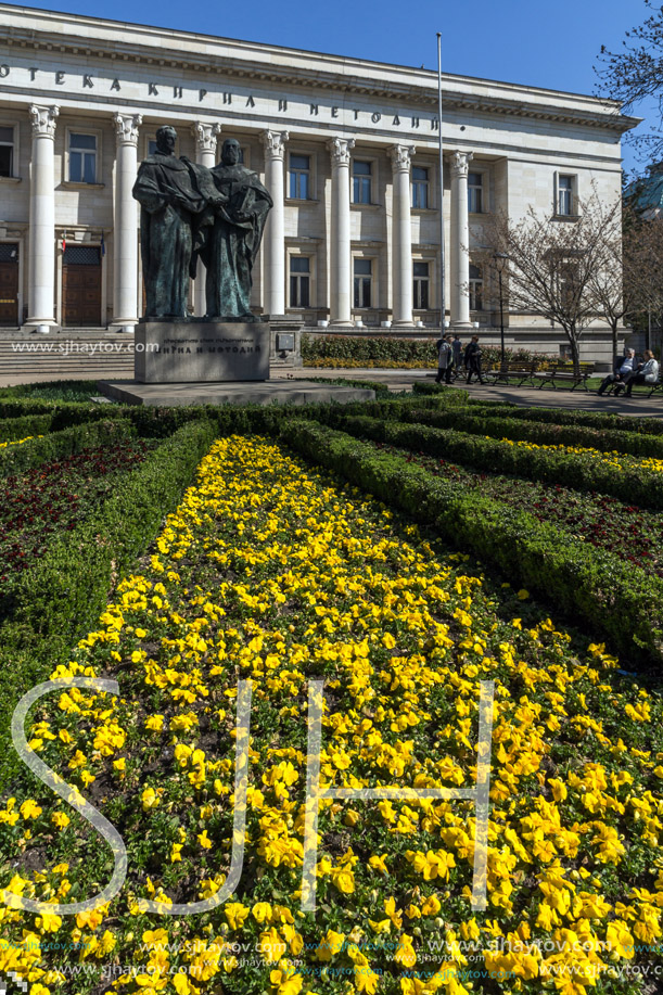 SOFIA, BULGARIA - APRIL 1, 2017: Spring view of National Library St. Cyril and St. Methodius in Sofia, Bulgaria