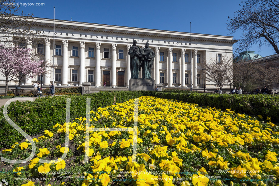 SOFIA, BULGARIA - APRIL 1, 2017: Spring view of National Library St. Cyril and St. Methodius in Sofia, Bulgaria