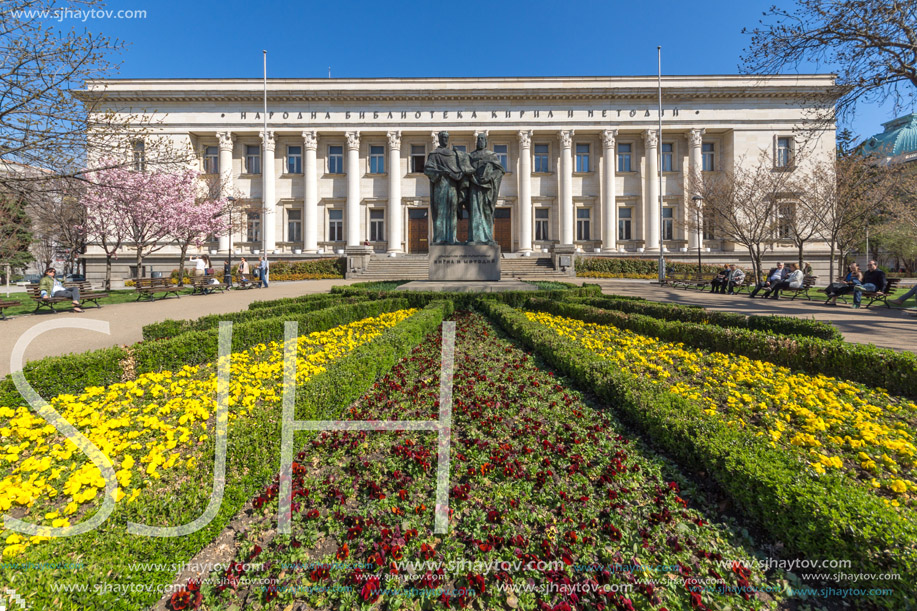 SOFIA, BULGARIA - APRIL 1, 2017: Spring view of National Library St. Cyril and St. Methodius in Sofia, Bulgaria