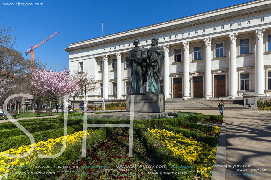 SOFIA, BULGARIA - APRIL 1, 2017: Spring view of National Library St. Cyril and St. Methodius in Sofia, Bulgaria