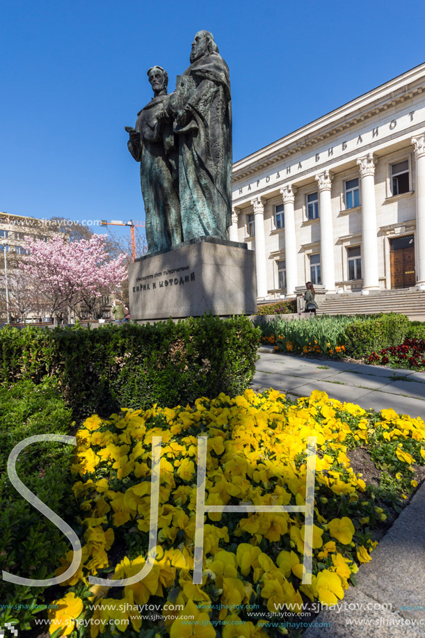 SOFIA, BULGARIA - APRIL 1, 2017: Spring view of National Library St. Cyril and St. Methodius in Sofia, Bulgaria