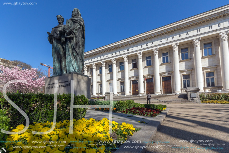 SOFIA, BULGARIA - APRIL 1, 2017: Spring view of National Library St. Cyril and St. Methodius in Sofia, Bulgaria