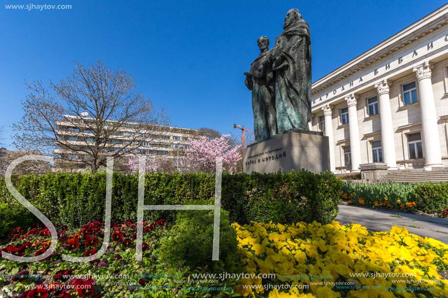 SOFIA, BULGARIA - APRIL 1, 2017: Spring view of National Library St. Cyril and St. Methodius in Sofia, Bulgaria