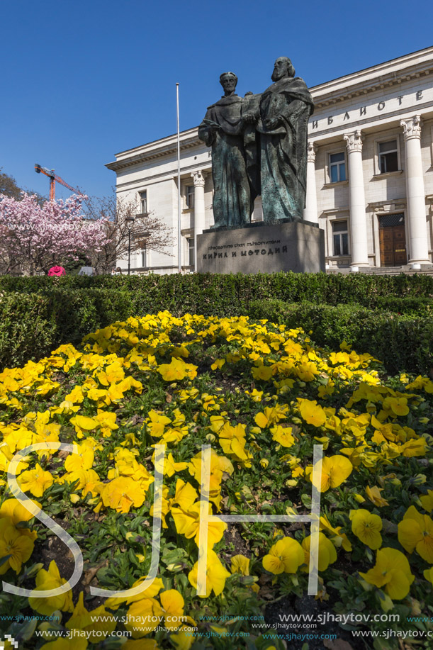 SOFIA, BULGARIA - APRIL 1, 2017: Spring view of National Library St. Cyril and St. Methodius in Sofia, Bulgaria