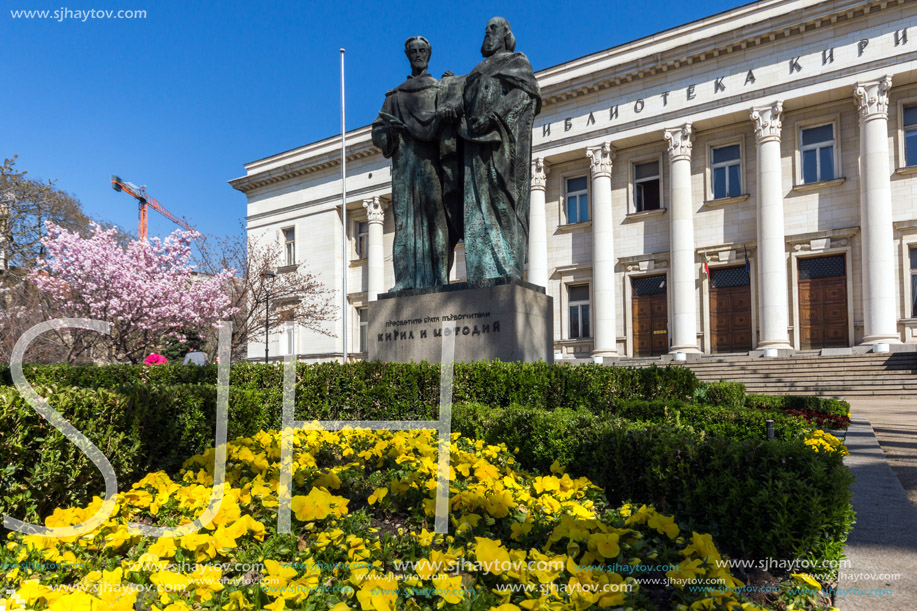 SOFIA, BULGARIA - APRIL 1, 2017: Spring view of National Library St. Cyril and St. Methodius in Sofia, Bulgaria