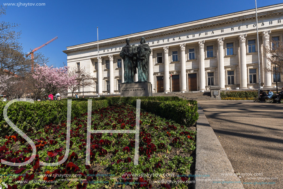 SOFIA, BULGARIA - APRIL 1, 2017: Spring view of National Library St. Cyril and St. Methodius in Sofia, Bulgaria