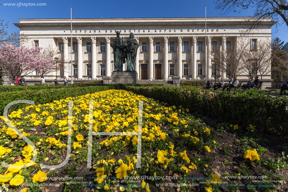 SOFIA, BULGARIA - APRIL 1, 2017: Spring view of National Library St. Cyril and St. Methodius in Sofia, Bulgaria