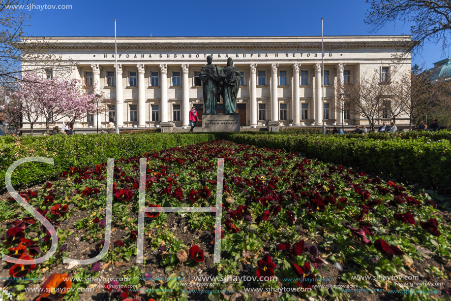 SOFIA, BULGARIA - APRIL 1, 2017: Spring view of National Library St. Cyril and St. Methodius in Sofia, Bulgaria