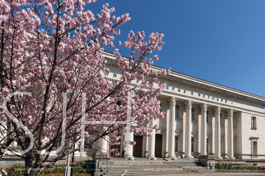 SOFIA, BULGARIA - APRIL 1, 2017: Spring view of National Library St. Cyril and St. Methodius in Sofia, Bulgaria