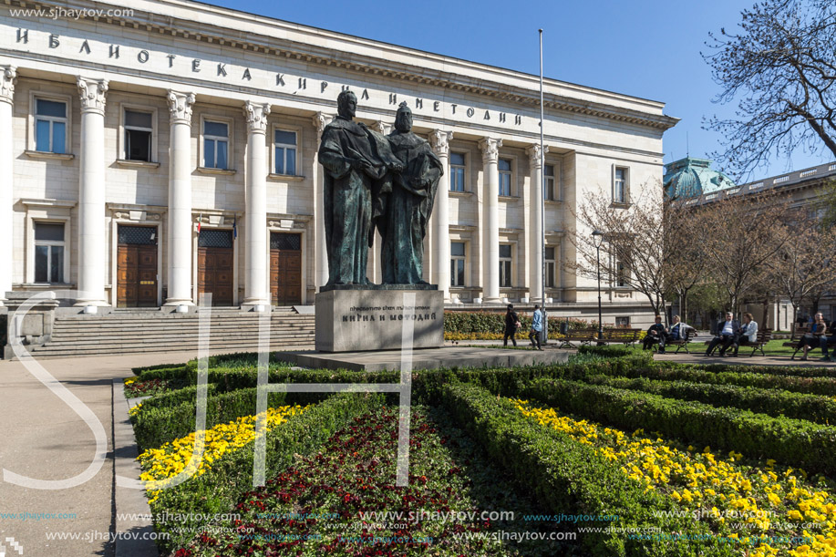 SOFIA, BULGARIA - APRIL 1, 2017: Spring view of National Library St. Cyril and St. Methodius in Sofia, Bulgaria