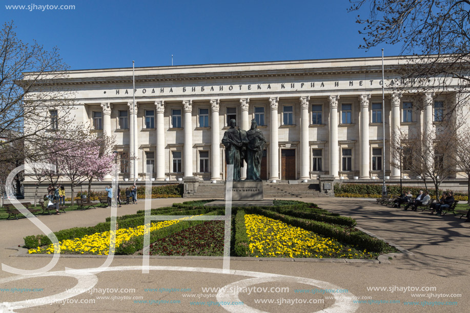 SOFIA, BULGARIA - APRIL 1, 2017: Spring view of National Library St. Cyril and St. Methodius in Sofia, Bulgaria