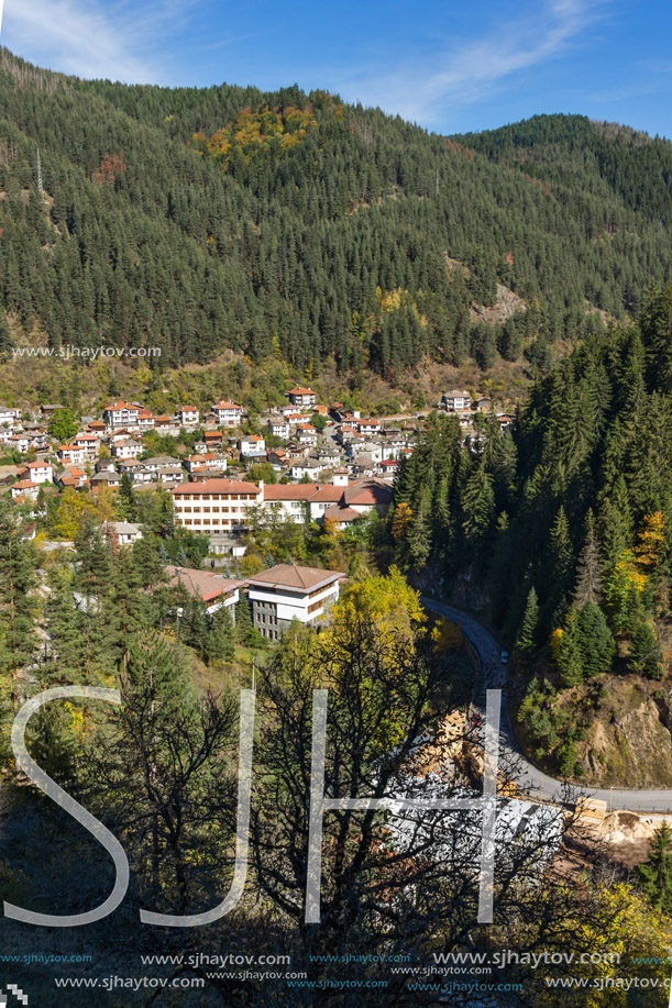 Panoramic view of town of Shiroka Laka and Rhodope Mountains, Smolyan Region, Bulgaria