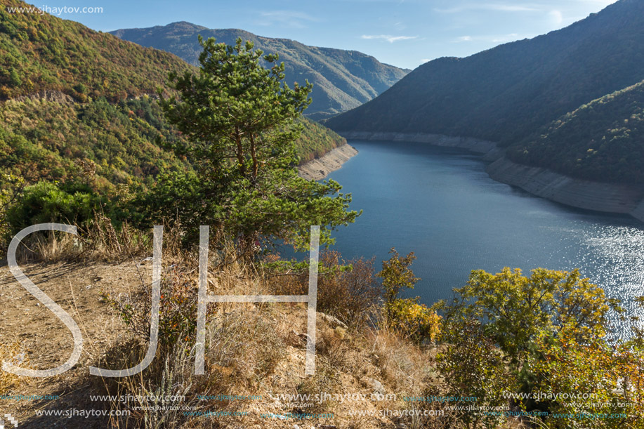 Autumn landscape of the Vacha (Antonivanovtsy) Reservoir, Rhodopes Mountain, Bulgaria