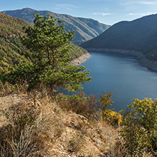 Autumn landscape of the Vacha (Antonivanovtsy) Reservoir, Rhodopes Mountain, Bulgaria