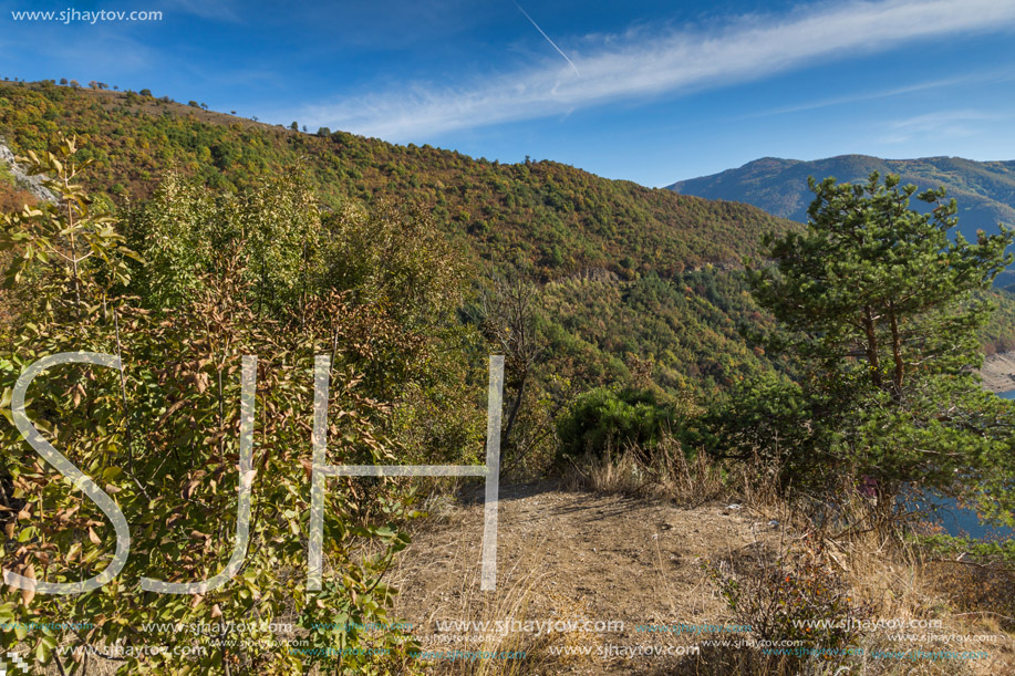 Autumn landscape of the Vacha (Antonivanovtsy) Reservoir, Rhodopes Mountain, Bulgaria