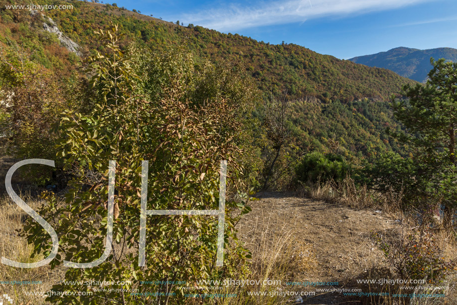 Autumn landscape of the Vacha (Antonivanovtsy) Reservoir, Rhodopes Mountain, Bulgaria