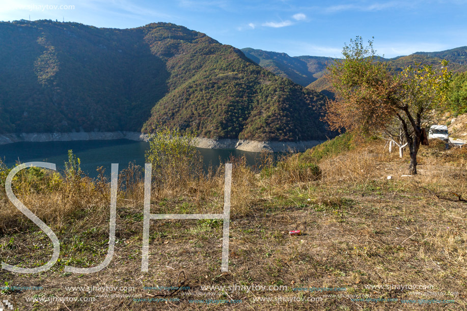 Autumn landscape of the Vacha (Antonivanovtsy) Reservoir, Rhodopes Mountain, Bulgaria